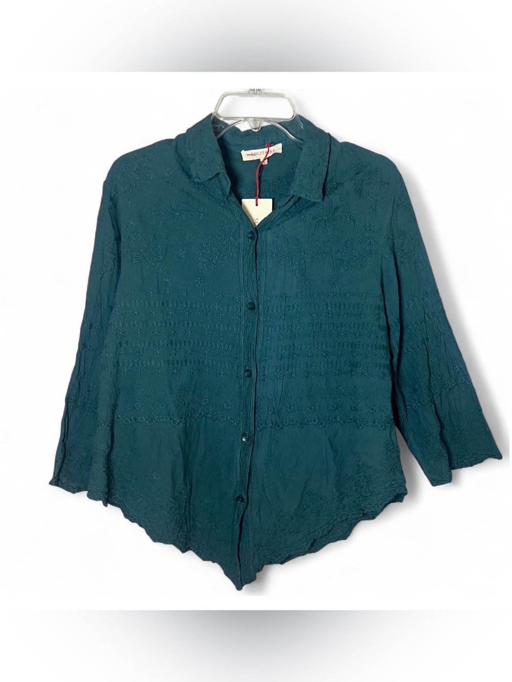 Solitaire NEW Green Embroidered Button Down Top Bohemian Cottagecore Size L